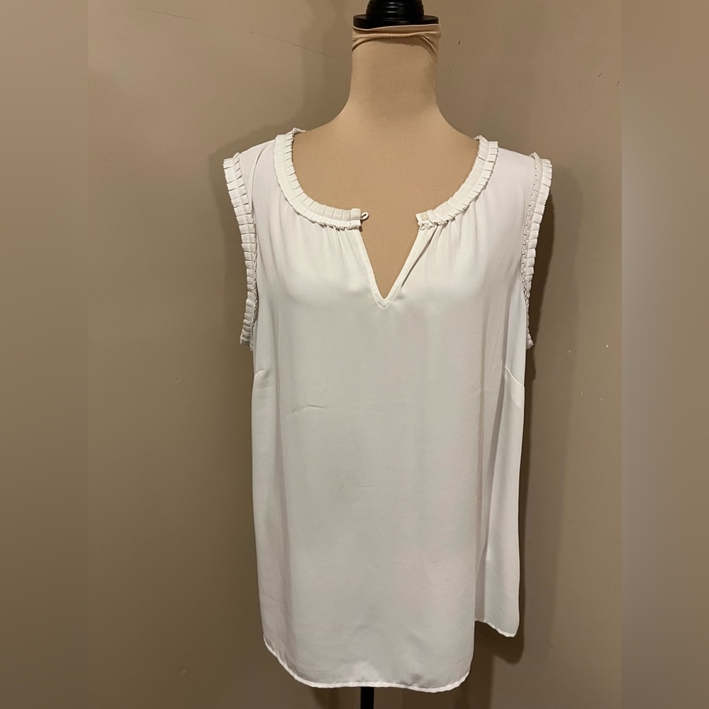 Talbots White Keyhole Neck Sleeveless Blouse with Ruffle Trim, 1X